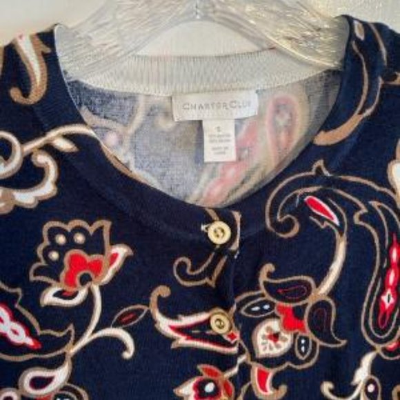 Charter Club Navy Blue Paisley Cardigan with White and Gold Buttons, Size Small - Picture 2 of 4